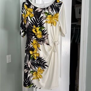 dressbarn Yellow Floral and Black Leaf Midi Dress